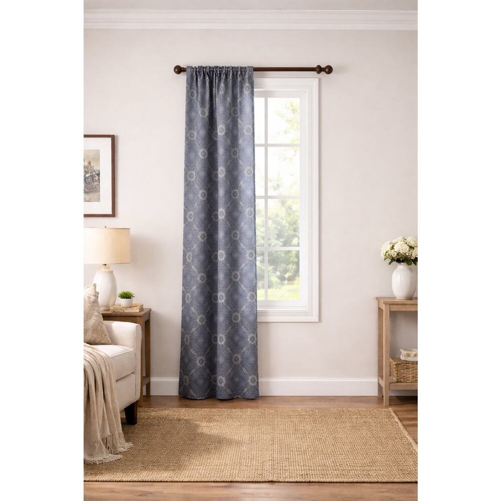 Martha Stewart Living Curtain Panel 48x82 Blue Gray Medallion Print Rod Pocket